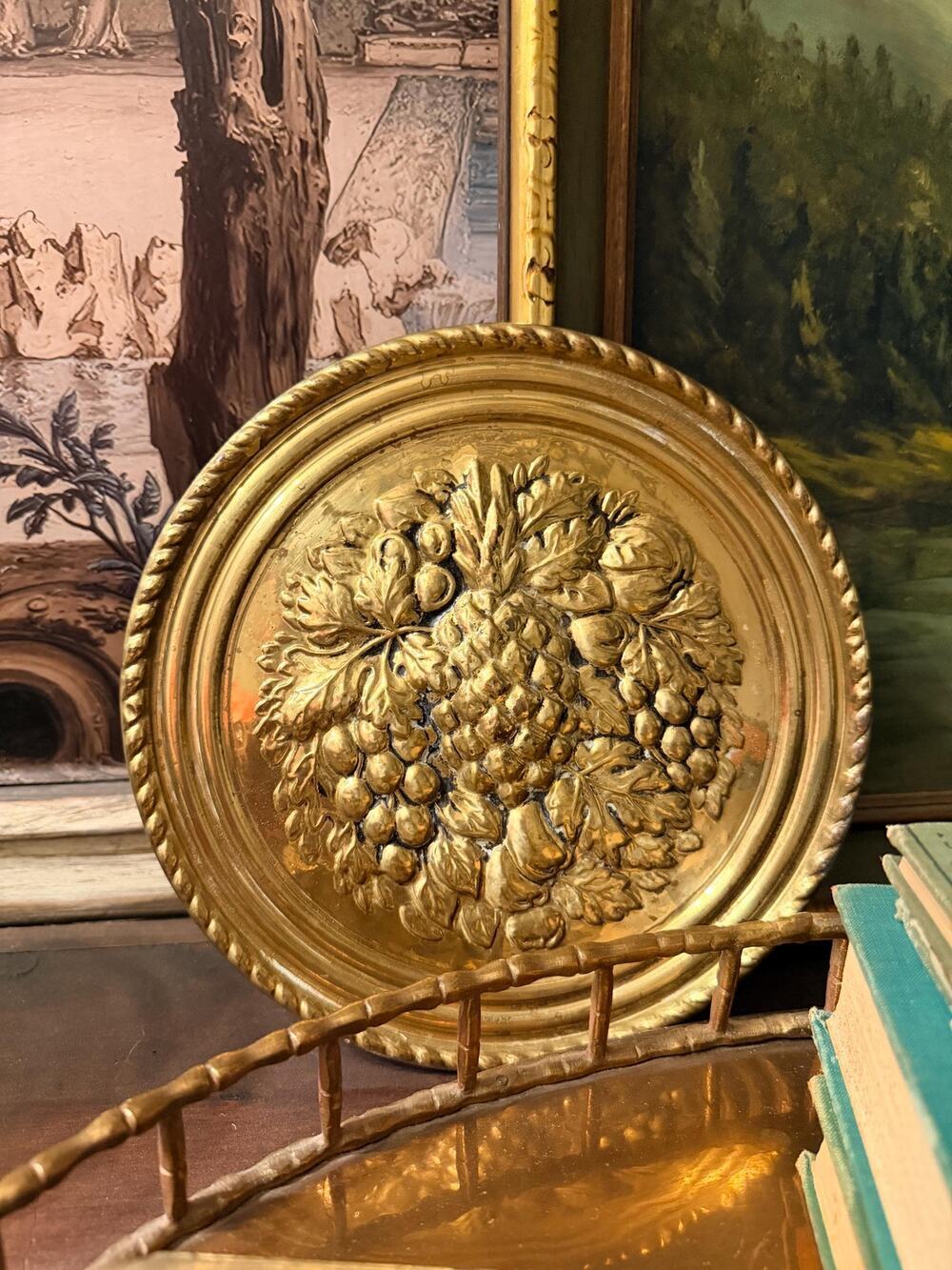 Vintage Embossed Brass Wall Plaque, French Country Brass Wall Plate